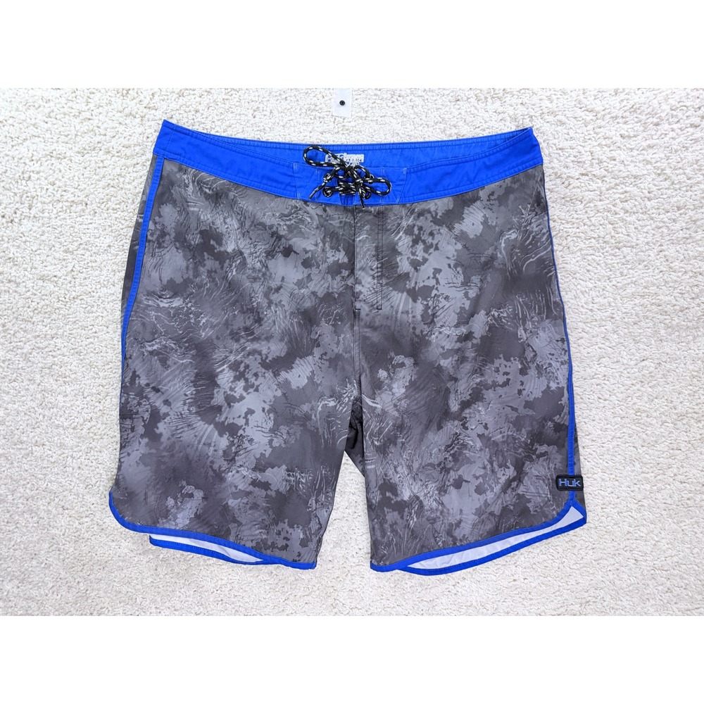 Huk Gray Camo Board Shorts with Bright Blue Trim